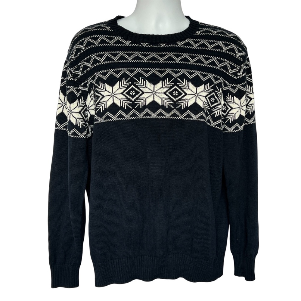 Weatherproof Vintage Sweater Pullover Dark Blue & White Snowflakes Sz XL Cotton